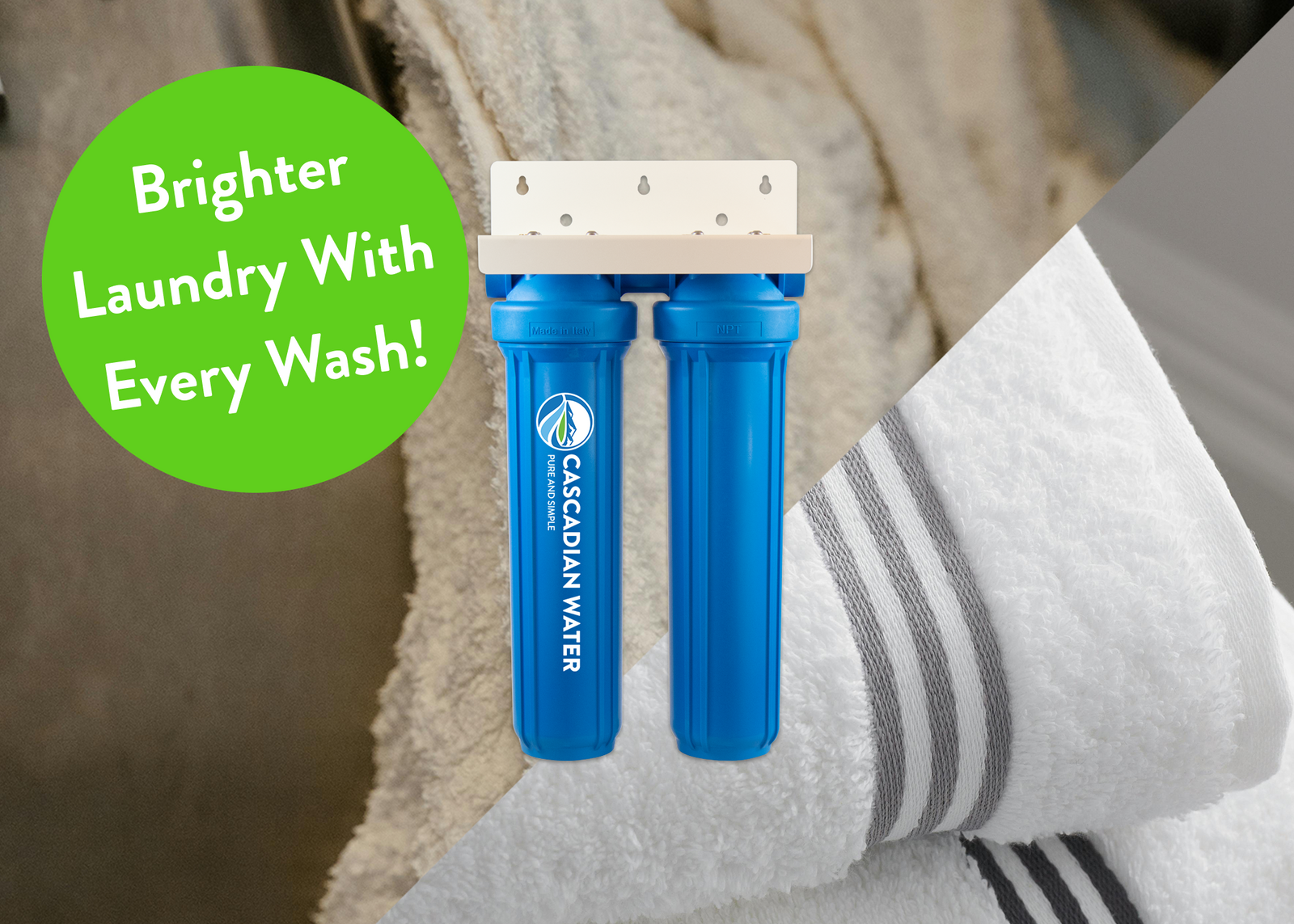 Our PolyHalt Salt free water softener with a backdrop of dirty and the clean laundry