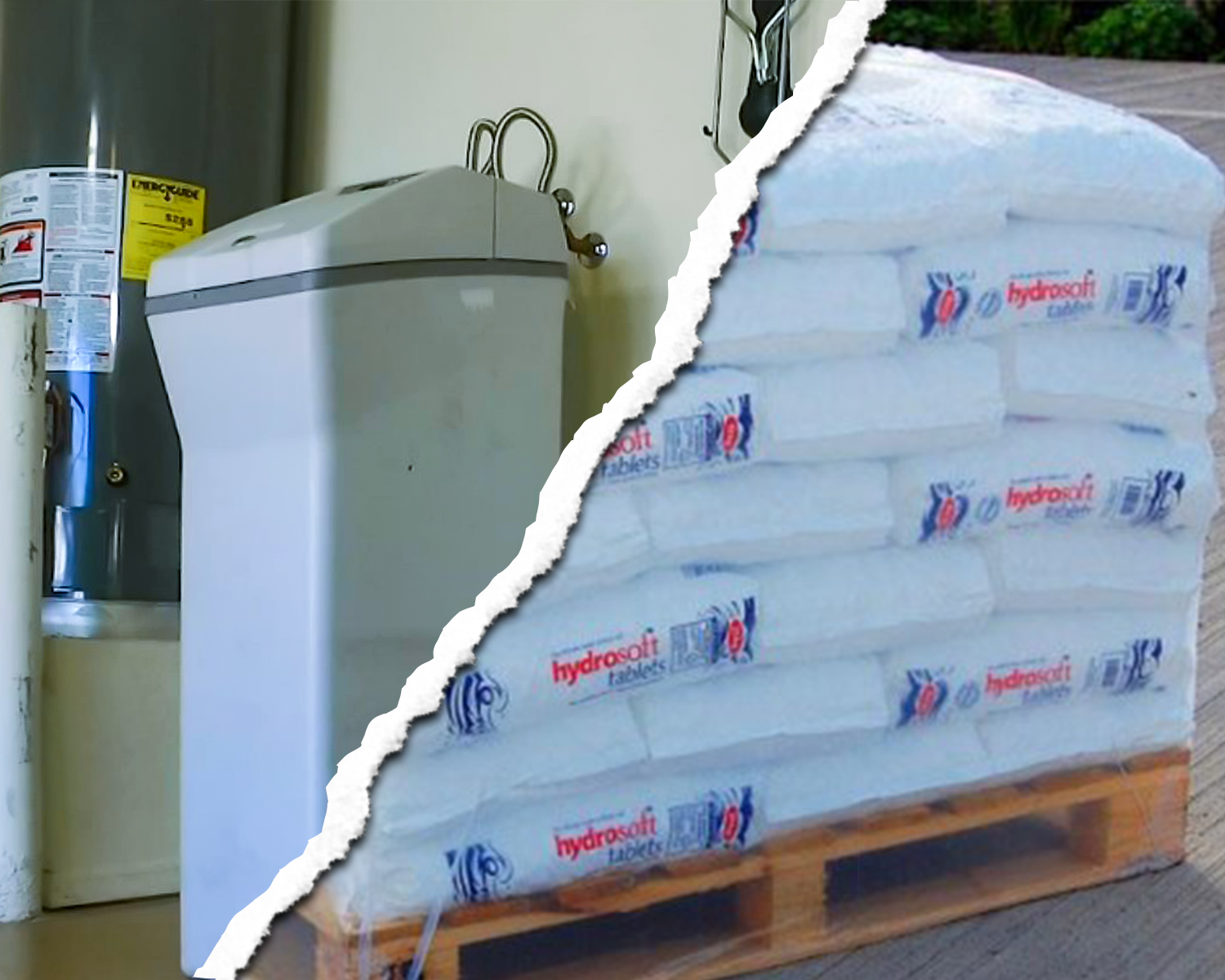 Salt softener with a pallet of salt pellets 